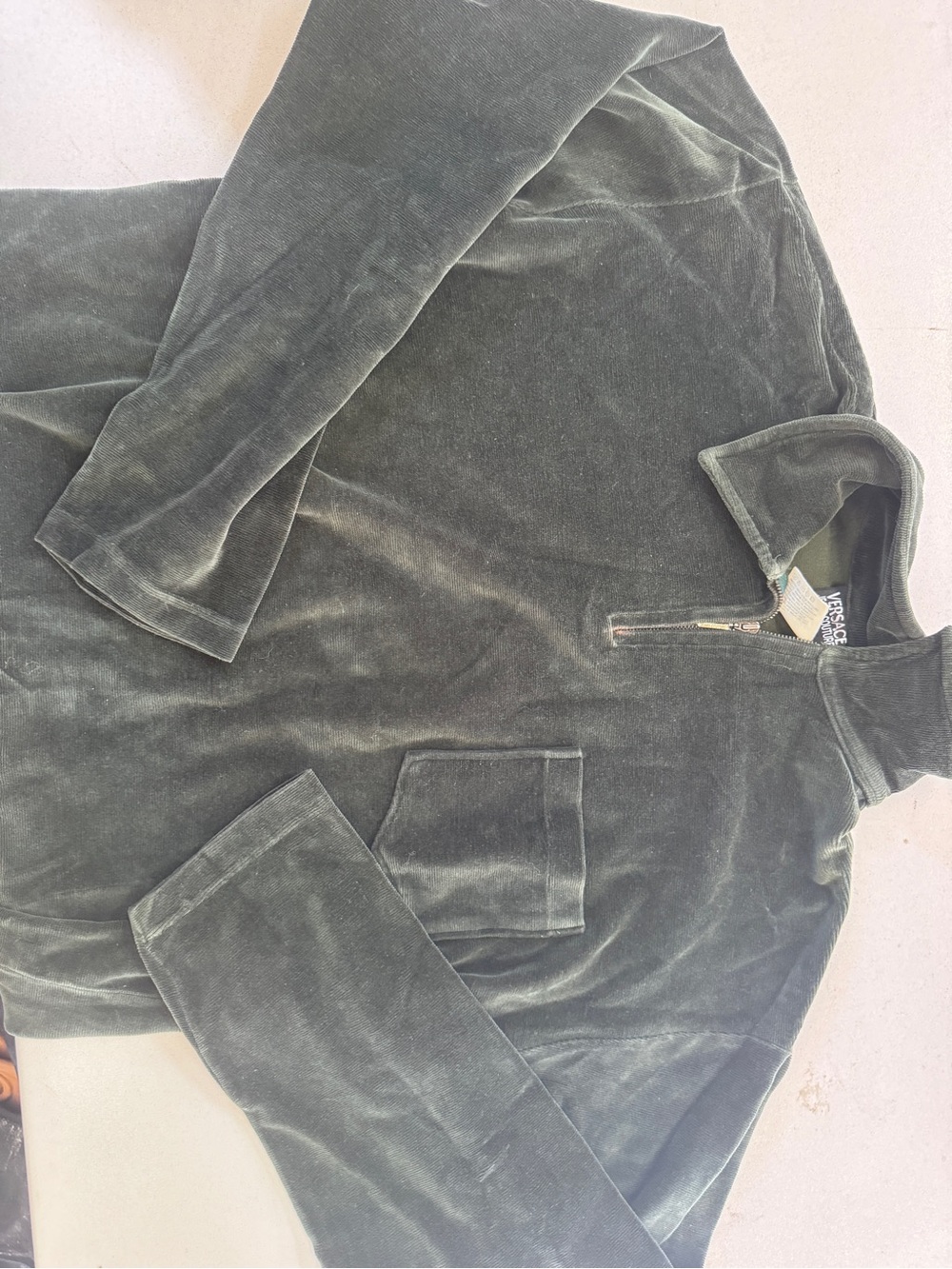 Versace Jeans Couture Velvet Ribbed Zip Pullover - Dark Green, XXL